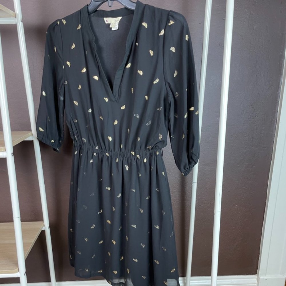Yumi little black dress with metallic gold bird print, size 8/10